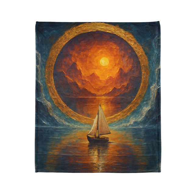 Sailing into the Sun Fleece Blanket showcasing a small sailboat and a vibrant sunset over still water.
