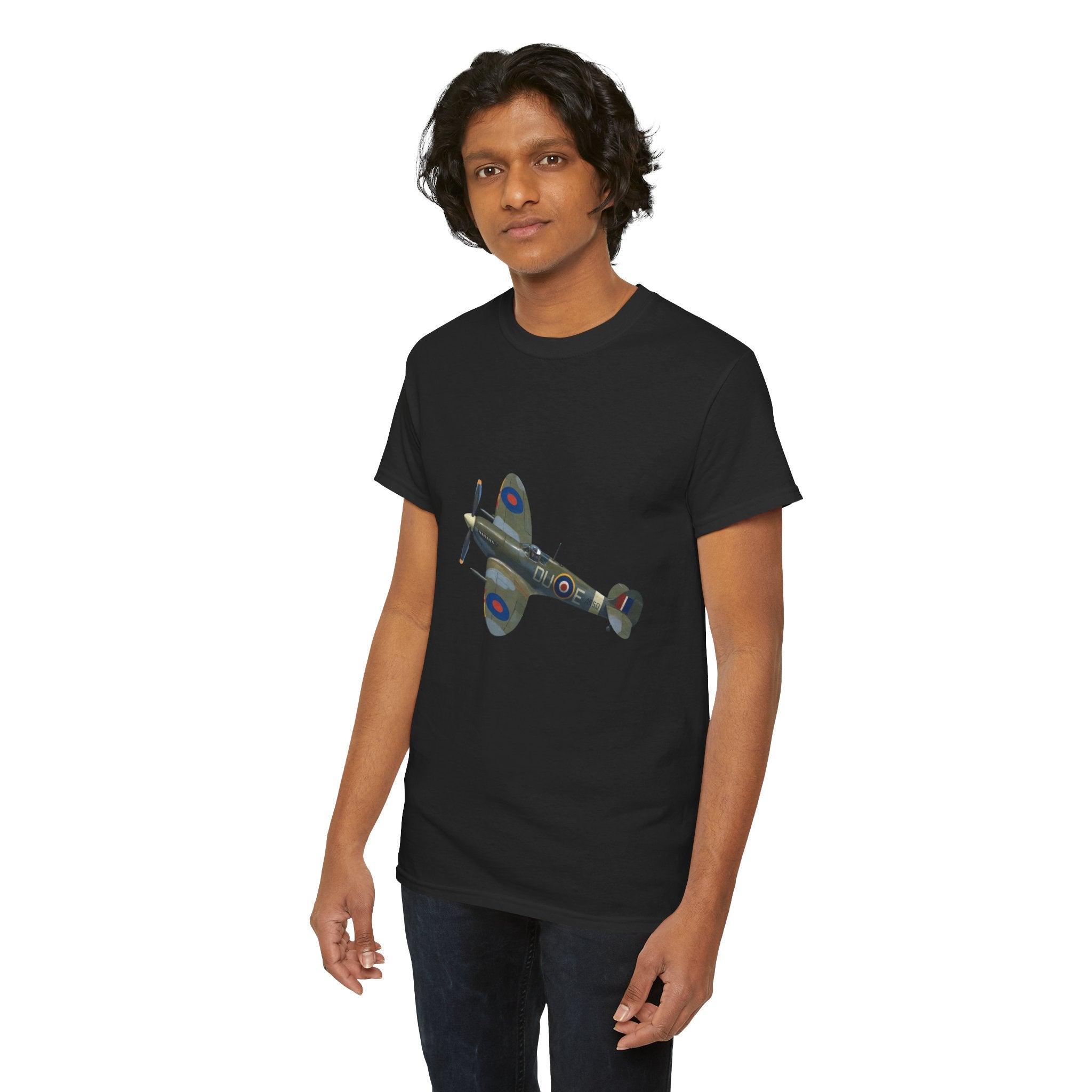 Interior of a museum setting with a visitor wearing a vintage WWII Spitfire Fighter Plane T-Shirt