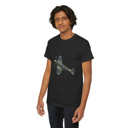Interior of a museum setting with a visitor wearing a vintage WWII Spitfire Fighter Plane T-Shirt