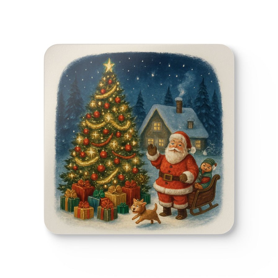 Vintage Santa Christmas Coaster Set featuring a cheerful Santa and festive decorations on a glossy corkwood design.