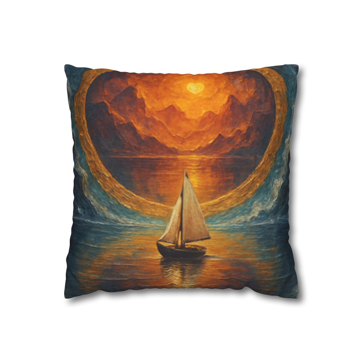 Close-up view of the Sailboat Sunset Decorative Pillow - Nautical Dreamscape Square Cushion 16" × 16" with a detailed print of a sailboat on a picturesque sunset.