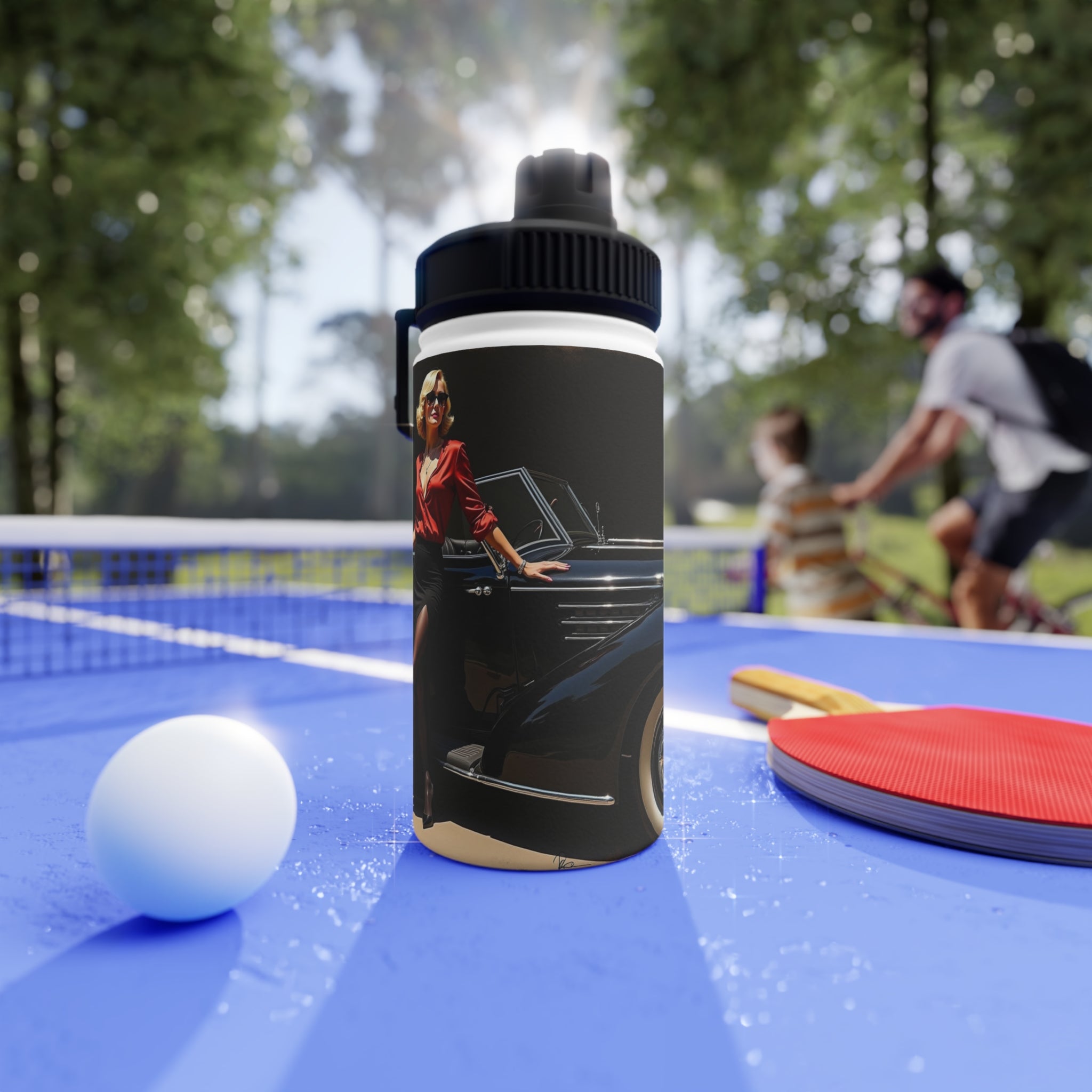 Vintage Car Stainless Steel Water Bottle — Retro Pin-Up Sports Lid in vibrant colors, ideal for car enthusiasts on the go.