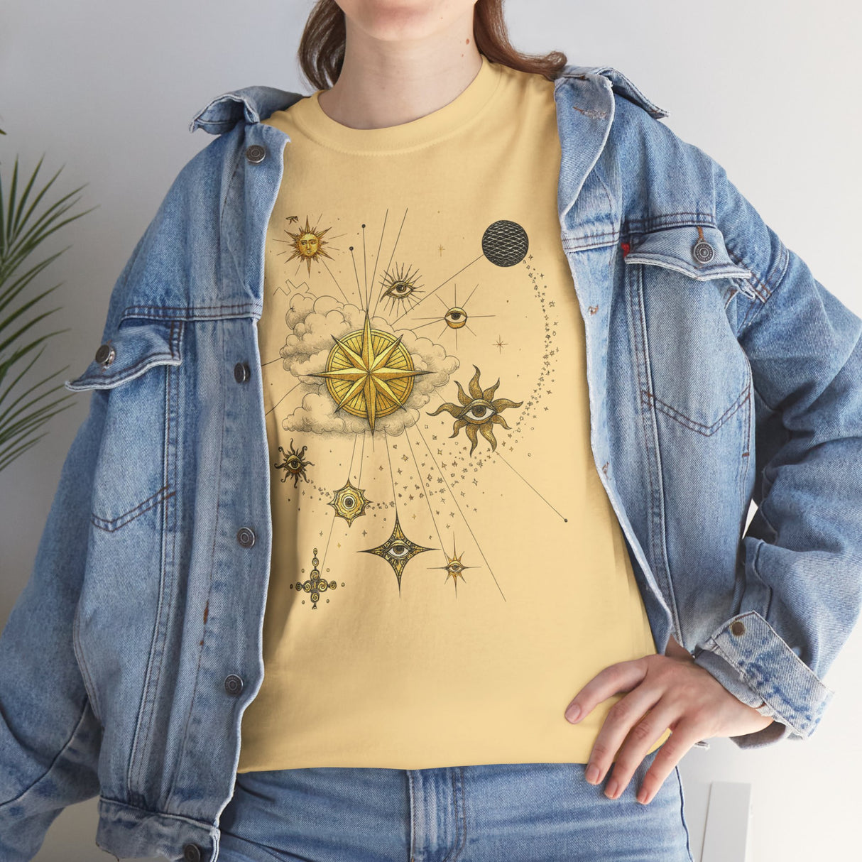 Celestial Gold Star Map T-Shirt styled with accessories, perfect for an adventurous day out.