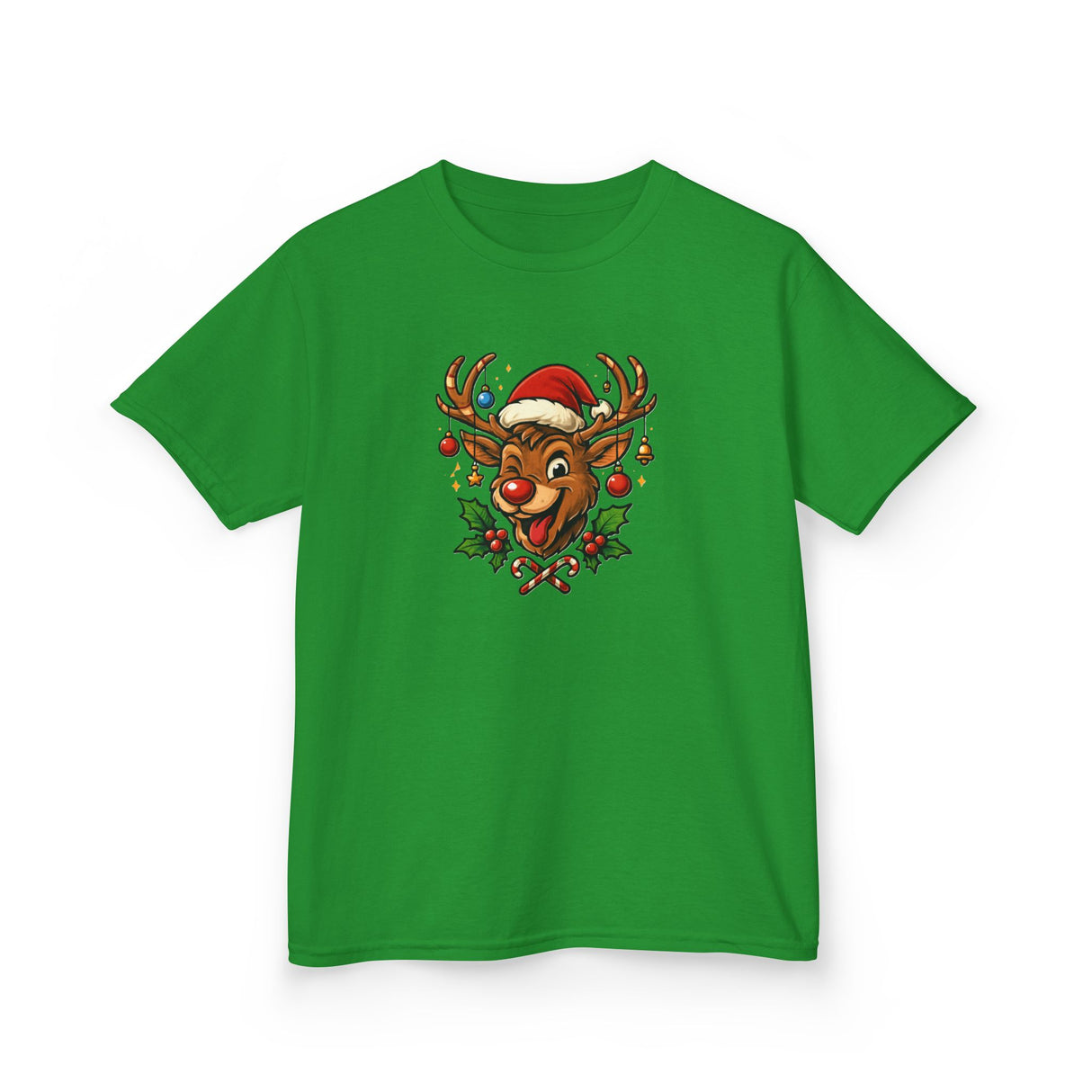 Kids Christmas Reindeer Tee — Cute Santa Hat Rudolph Holiday Shirt hanging on a festive backdrop with holiday decorations.