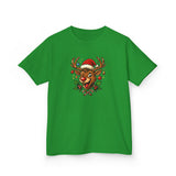 Kids Christmas Reindeer Tee — Cute Santa Hat Rudolph Holiday Shirt hanging on a festive backdrop with holiday decorations.