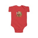 Baby Christmas Elf Bodysuit — Cute Holiday Infant Onesie laid flat on a whimsical holiday-themed background