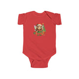 Baby Christmas Elf Bodysuit — Cute Holiday Infant Onesie laid flat on a whimsical holiday-themed background