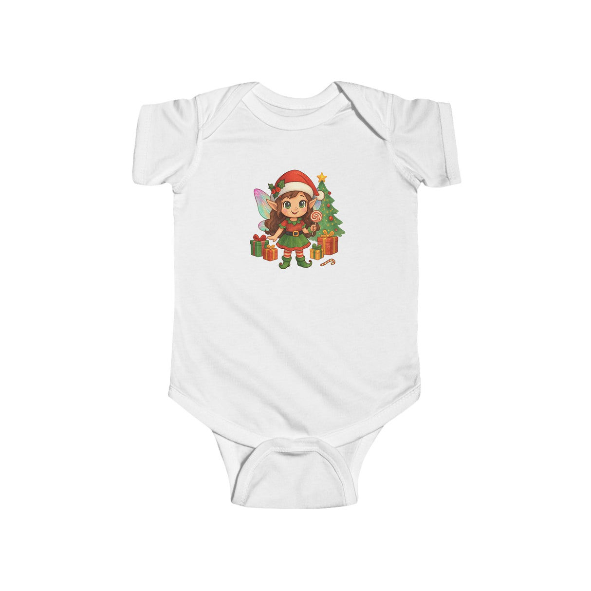 Soft and lightweight Baby Christmas Elf Bodysuit — Cute Holiday Infant Onesie displayed on a baby