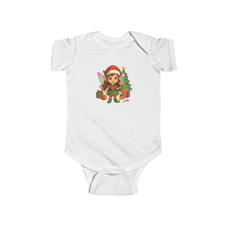 Soft and lightweight Baby Christmas Elf Bodysuit — Cute Holiday Infant Onesie displayed on a baby