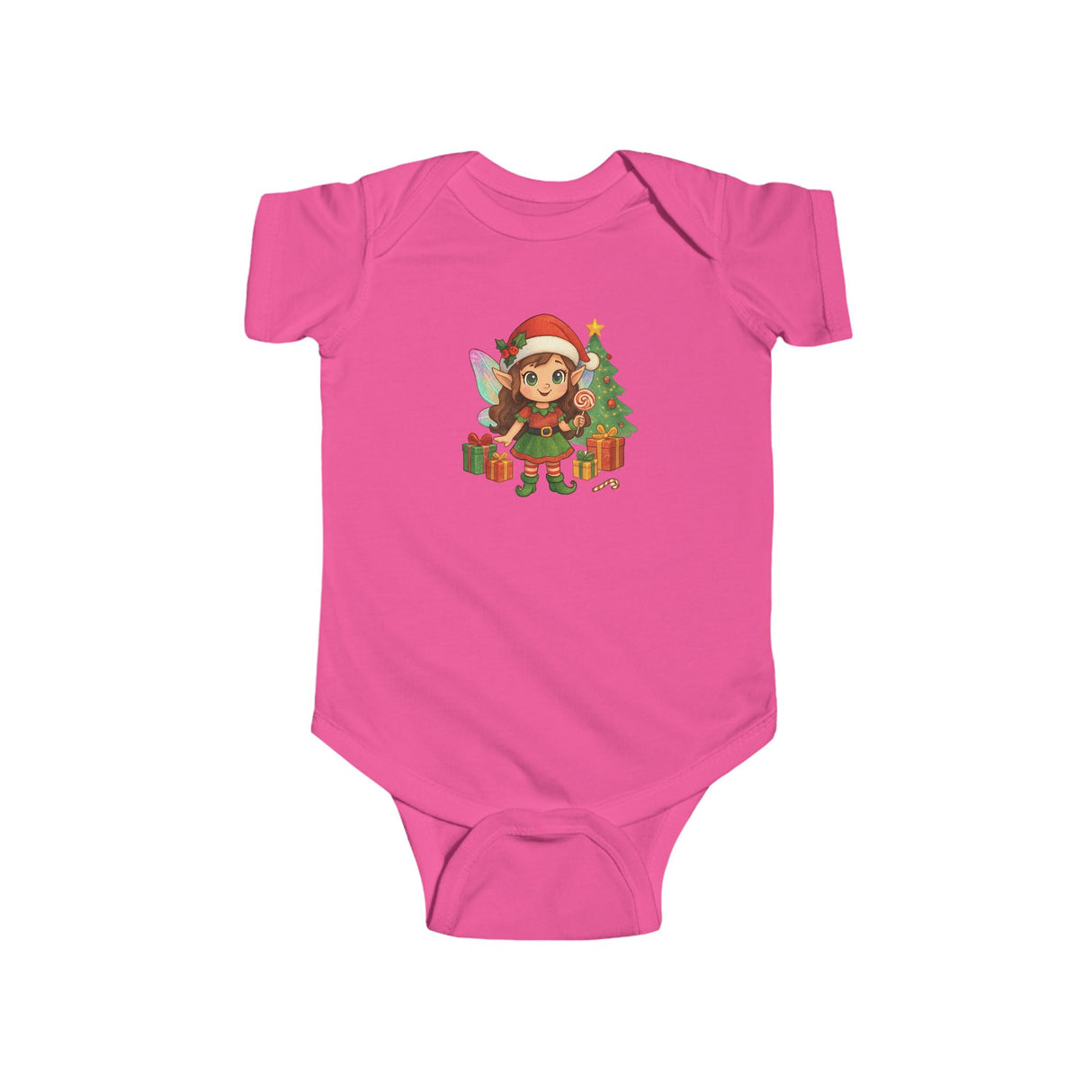 Back view of Baby Christmas Elf Bodysuit — Cute Holiday Infant Onesie showing ribbed knit binding