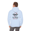 Fly Bold Hoodie featuring aviation graphic design, perfect for aspiring pilots.