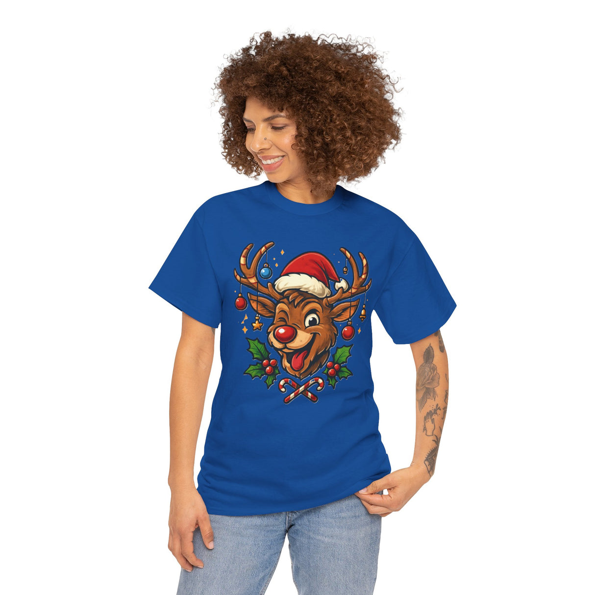 Person enjoying winter activities while wearing the Christmas Reindeer Tee, embodying the festive spirit.