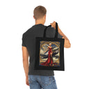 Vintage Pinup Tote Bag featuring retro glamour art of a woman in a striking red dress with vintage aircraft backdrop.
