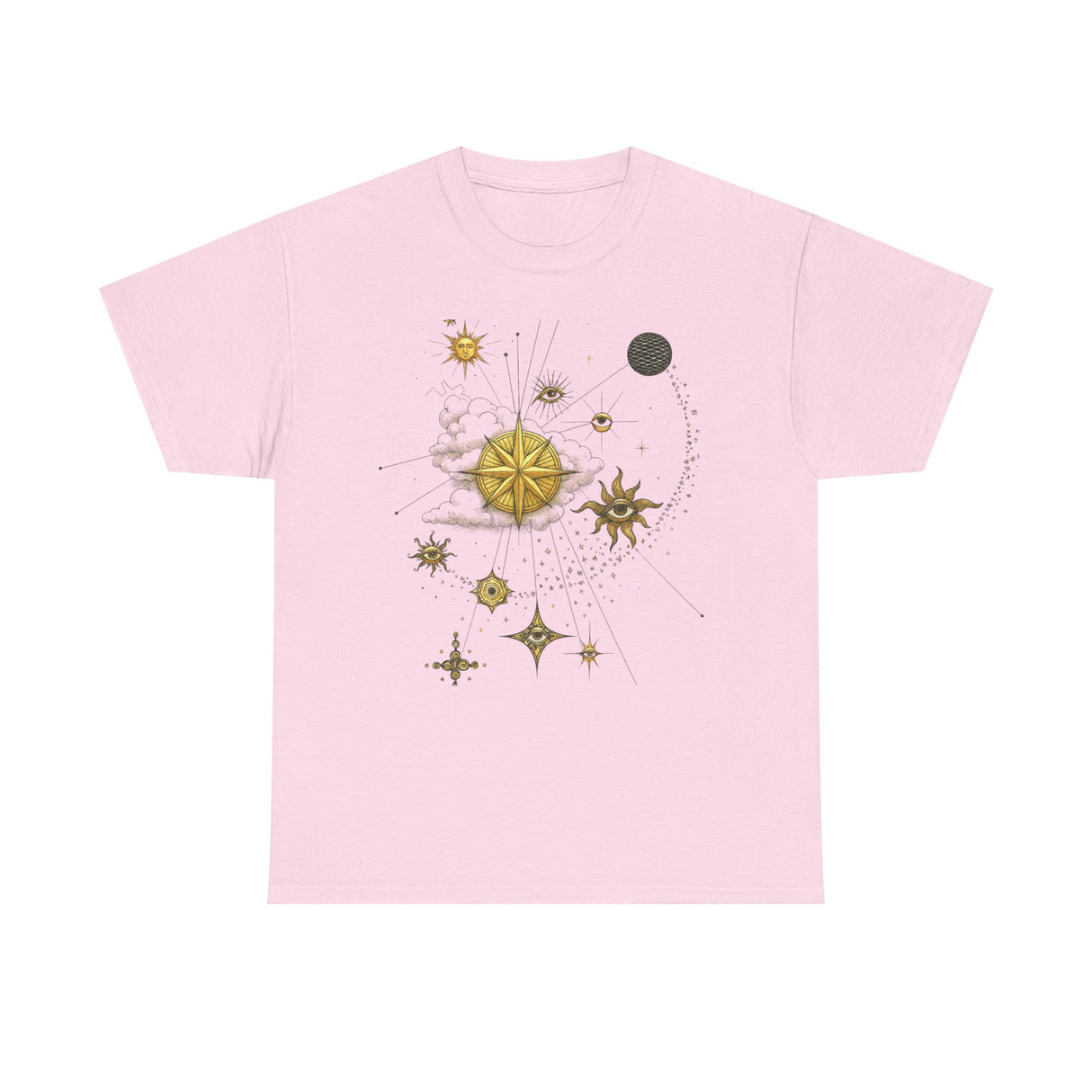 Celestial Compass Tee — Gold Star & Moon Astrology Graphic Shirt fabric texture close-up emphasizing its soft cotton feel.