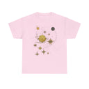 Celestial Compass Tee — Gold Star & Moon Astrology Graphic Shirt fabric texture close-up emphasizing its soft cotton feel.