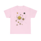 Celestial Compass Tee — Gold Star & Moon Astrology Graphic Shirt fabric texture close-up emphasizing its soft cotton feel.