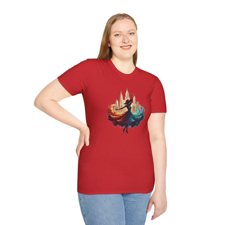 Dancer Silhouette Cityscape T-Shirt — Colorful Sunset & Ocean Dance Graphic Tee US