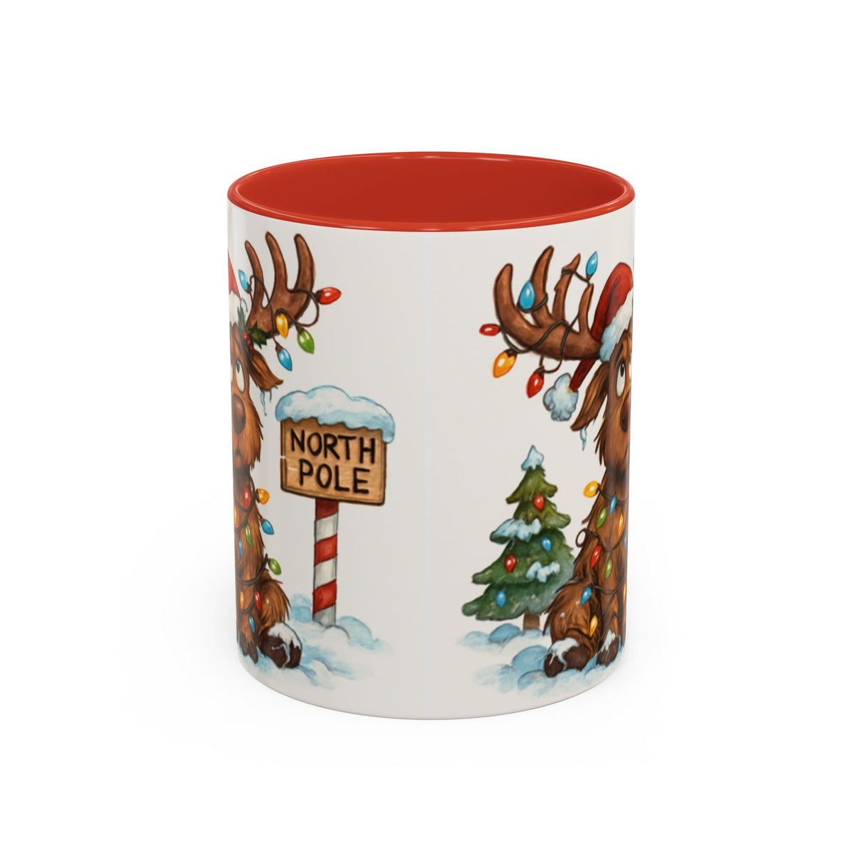 Top-down view of the Christmas Reindeer Coffee Mug, emphasizing its glossy surface and vivid detailing.