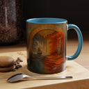 Artistic display of the Autumn Portal Coffee Mug against a scenic autumn background.