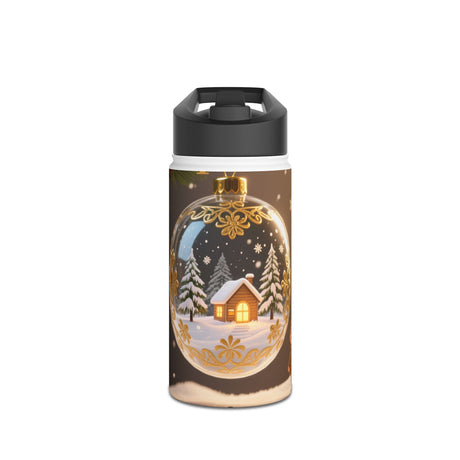 Holiday Ornament Winter Cabin Stainless Steel Water Bottle with a festive winter scene featuring glowing tree lights and a cozy cottage.