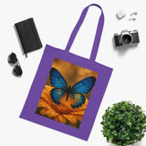 Blue Butterfly Cotton Tote — Nature Floral Reusable Shopper Bag on display at a market stall, attracting attention for its beauty.