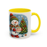 Decorative Christmas Snowman Coffee Mug beside a gift-wrapped surprise, embodying holiday cheer.