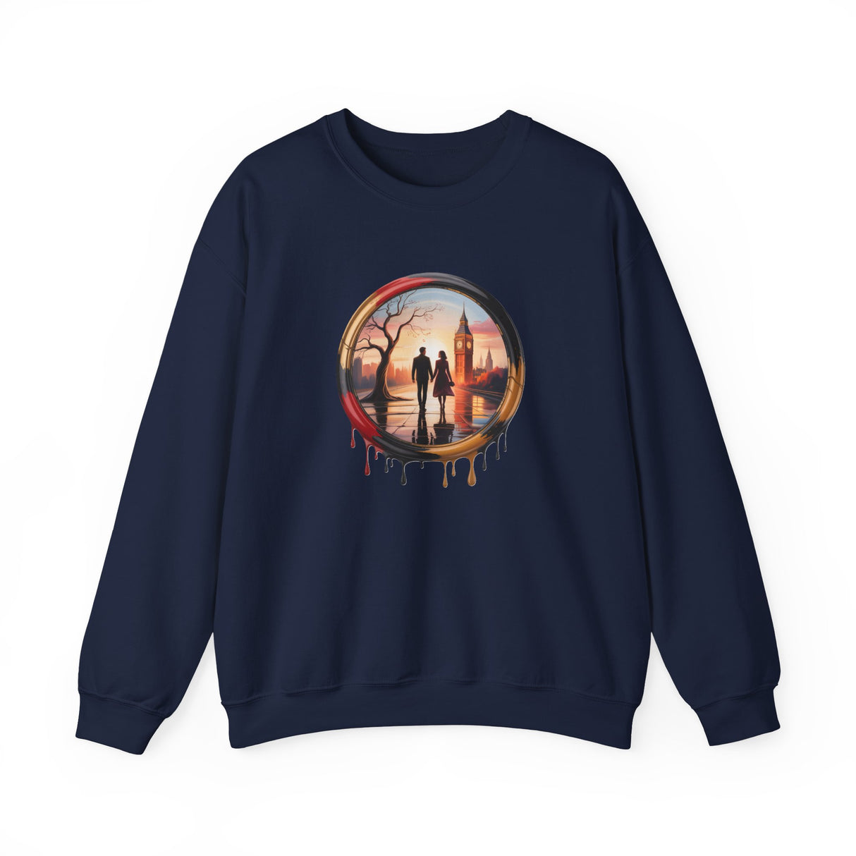 Flat lay of Crewneck Sweatshirt featuring Sunset Couple Silhouette in Dripping Circle, paired with casual accessories for a relaxed look.