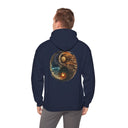Yin Yang Moon & Sun Hoodie on a model showcasing the celestial balance graphic design.
