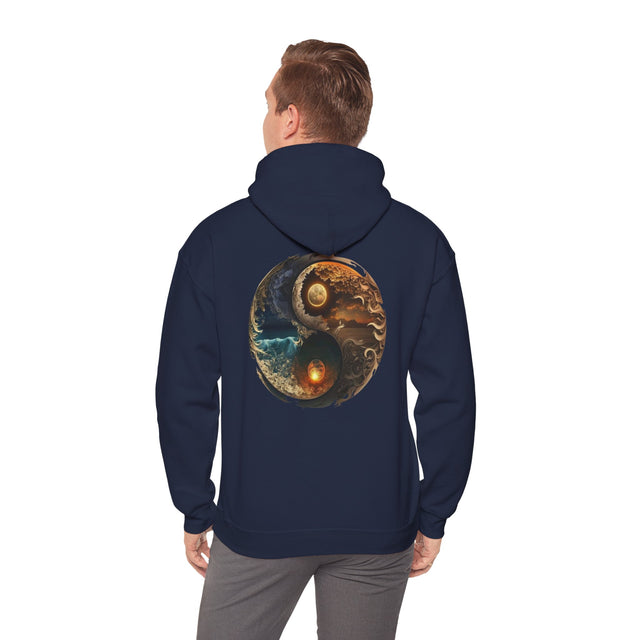 Yin Yang Moon & Sun Hoodie on a model showcasing the celestial balance graphic design.