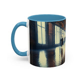 Elegant Urban Nightlife Coffee Mug next to a stack of colorful magazines, depicting a casual lifestyle.