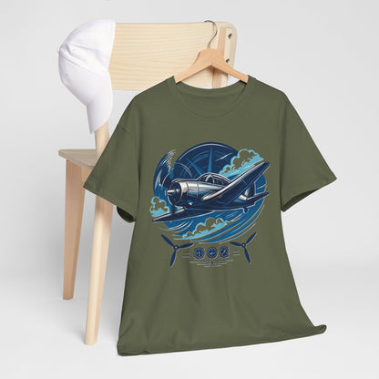 Model wearing the Vintage Propeller Plane T-Shirt while posing with aviation-themed props.