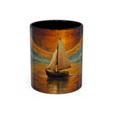 Sail into the Sun Ceramic Coffee Mug showcasing beautiful nautical sunset art, 11oz coffee mug with vibrant colors.