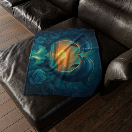 Dolphin Heart Sunset Blanket — Cozy Ocean Sunset Throw showcasing soft polyester fleece with a heart shaped dolphin design.