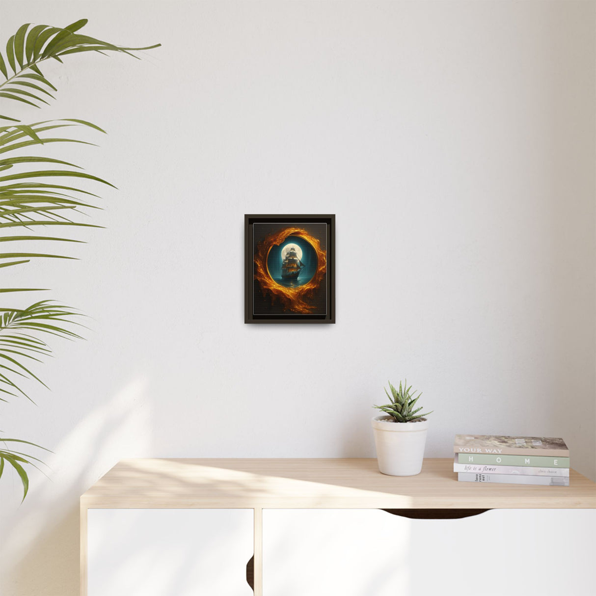 Framed Matte Canvas - Moonlit Pirate Ship with Fiery Vortex, showcasing a galleon amid a molten-gold flame.
