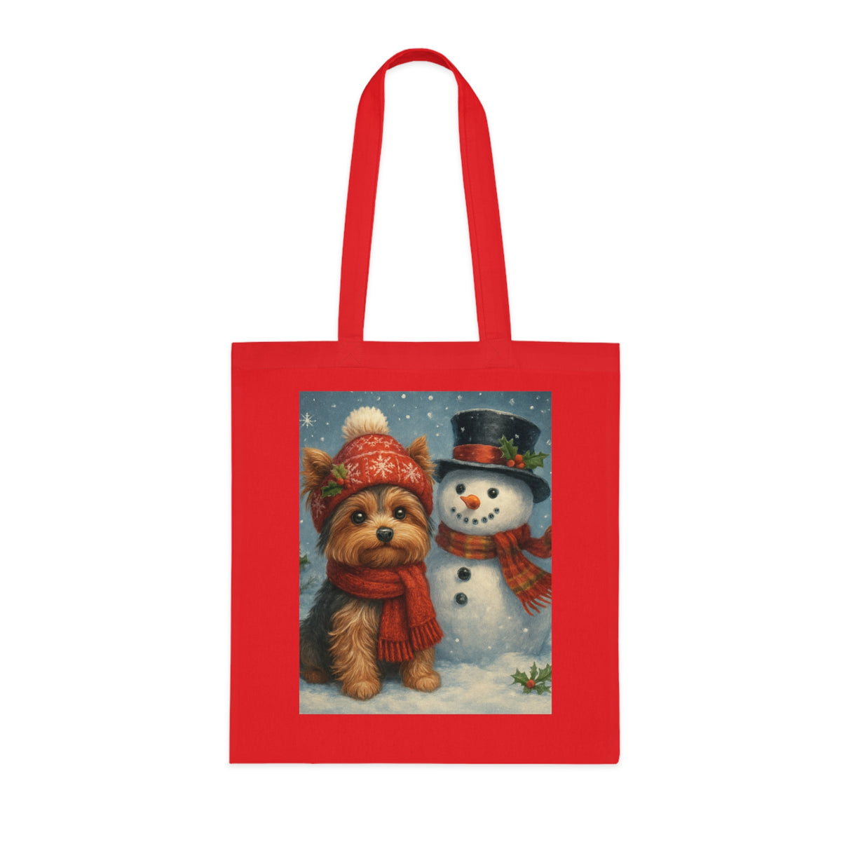 Colorful Christmas Snowman Tote Bag showcasing a happy snowman and twinkling tree artwork.