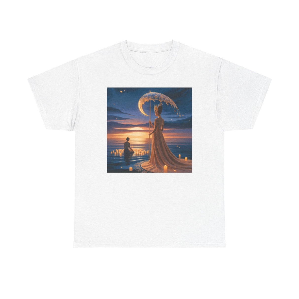 Romantic Moonlit Couple T-Shirt — Sunset Fantasy Illustration Tee showcasing soft colors and a dreamy sunset scene.