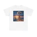 Romantic Moonlit Couple T-Shirt — Sunset Fantasy Illustration Tee showcasing soft colors and a dreamy sunset scene.