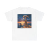 Romantic Moonlit Couple T-Shirt — Sunset Fantasy Illustration Tee showcasing soft colors and a dreamy sunset scene.