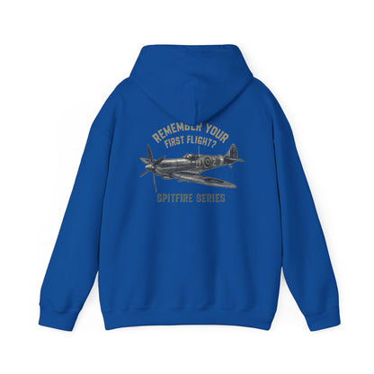 Artistic display of the Spitfire Series Hoodie with a backdrop of vintage airplane photographs.