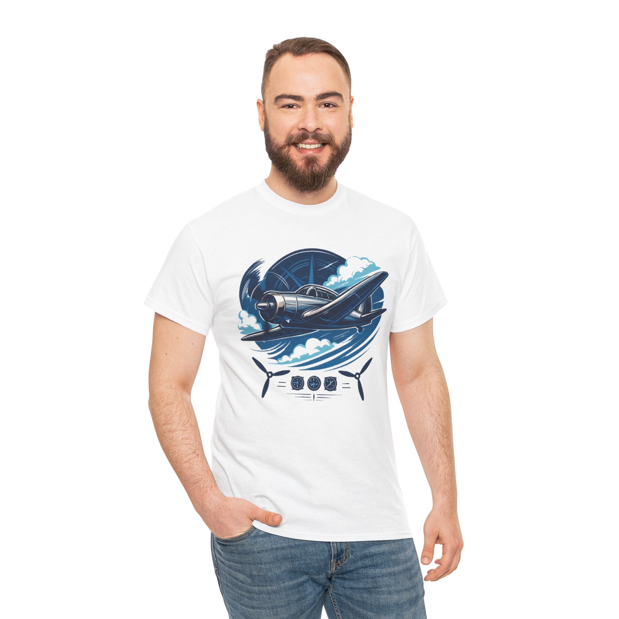 The Vintage Airplane Graphic Tee in a styled outfit with a jacket, showcasing versatile layering options.