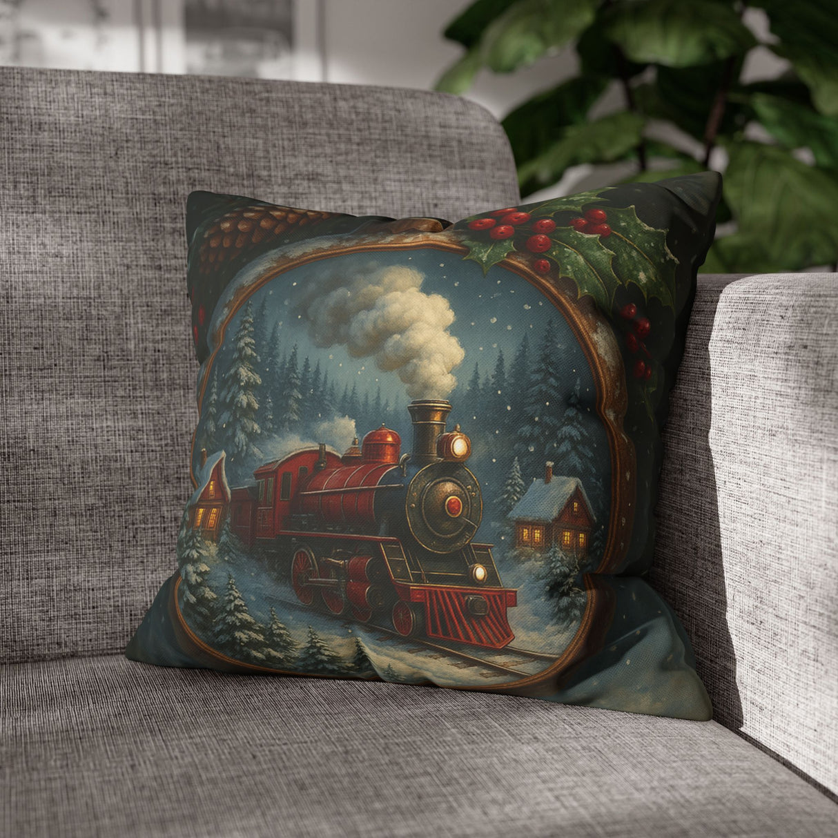 Vintage Christmas Train Pillow - Holiday Winter Village Throw Pillowcase featuring a red steam train in a snowy village.