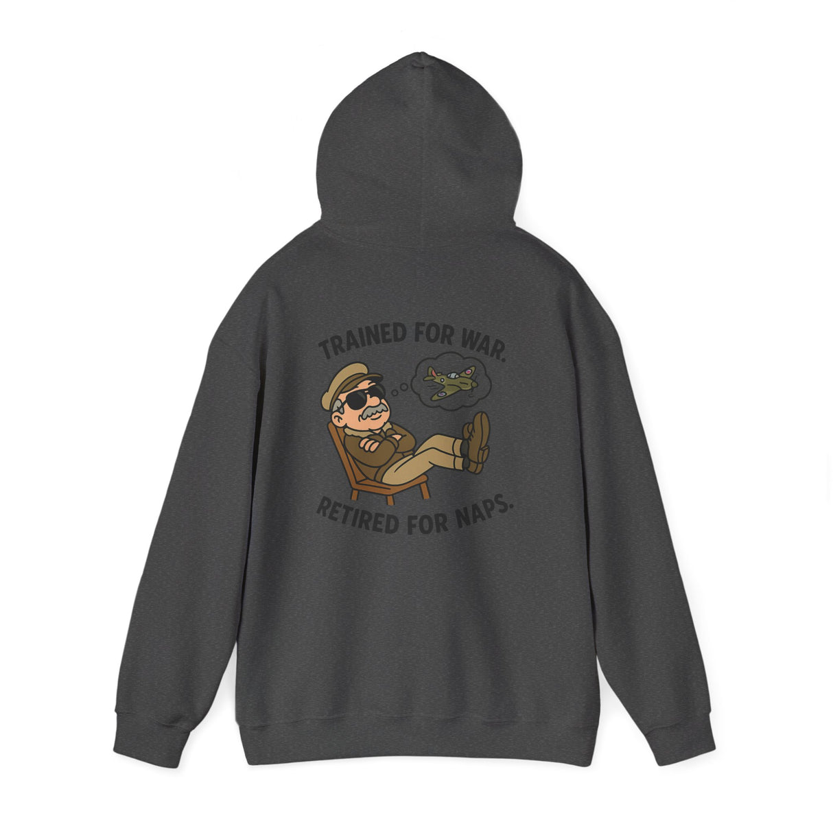 A smiling person wearing the Retired Pilot Hooded Sweatshirt — 'Trained for War, Retired for Naps' outdoors.