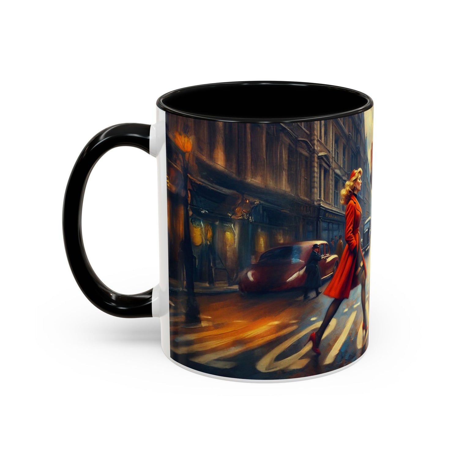 Vintage-Inspired Cityscape Accent Coffee Mug - 11oz &amp; 15oz enjoying a picturesque city view.
