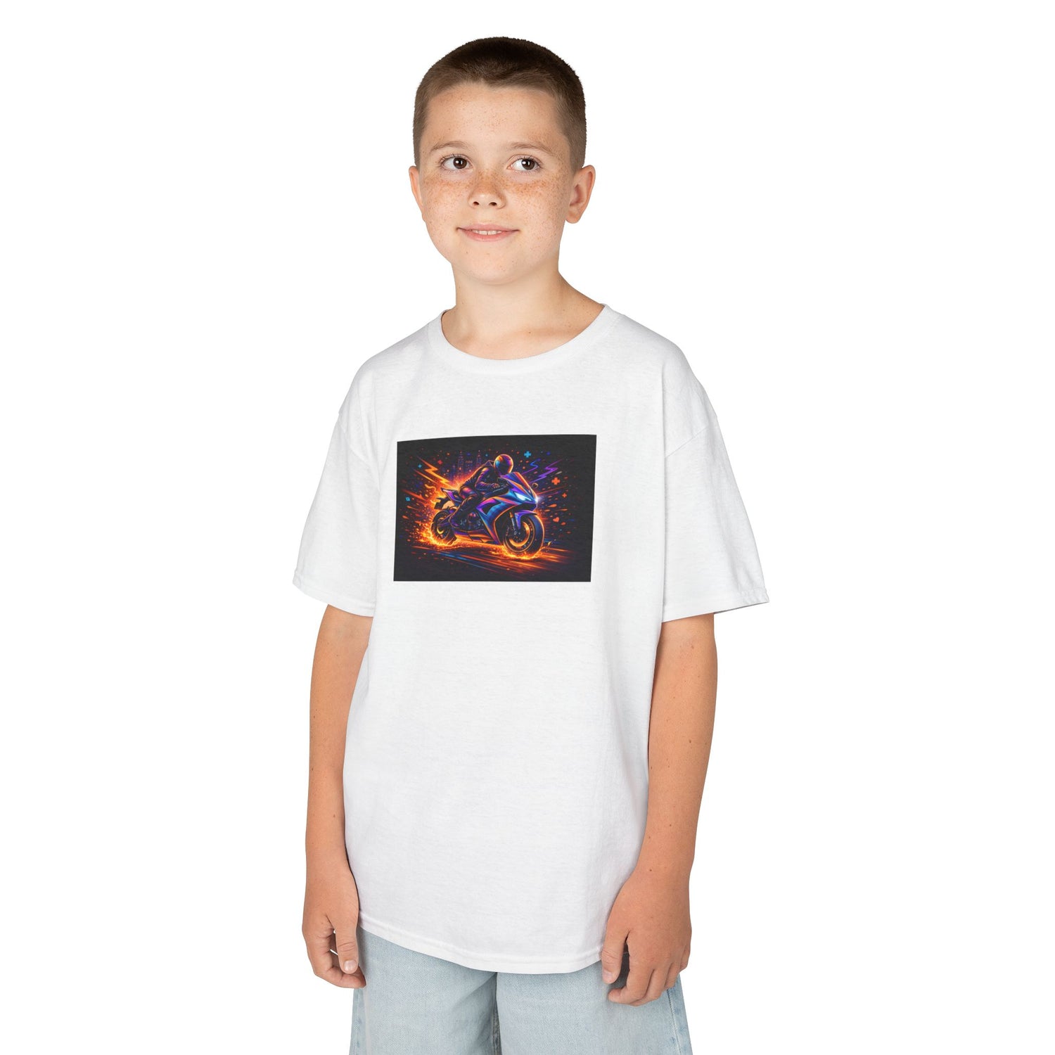 Kids Motorcycle Flame Tee — Neon Fire Racing Bike Graphic