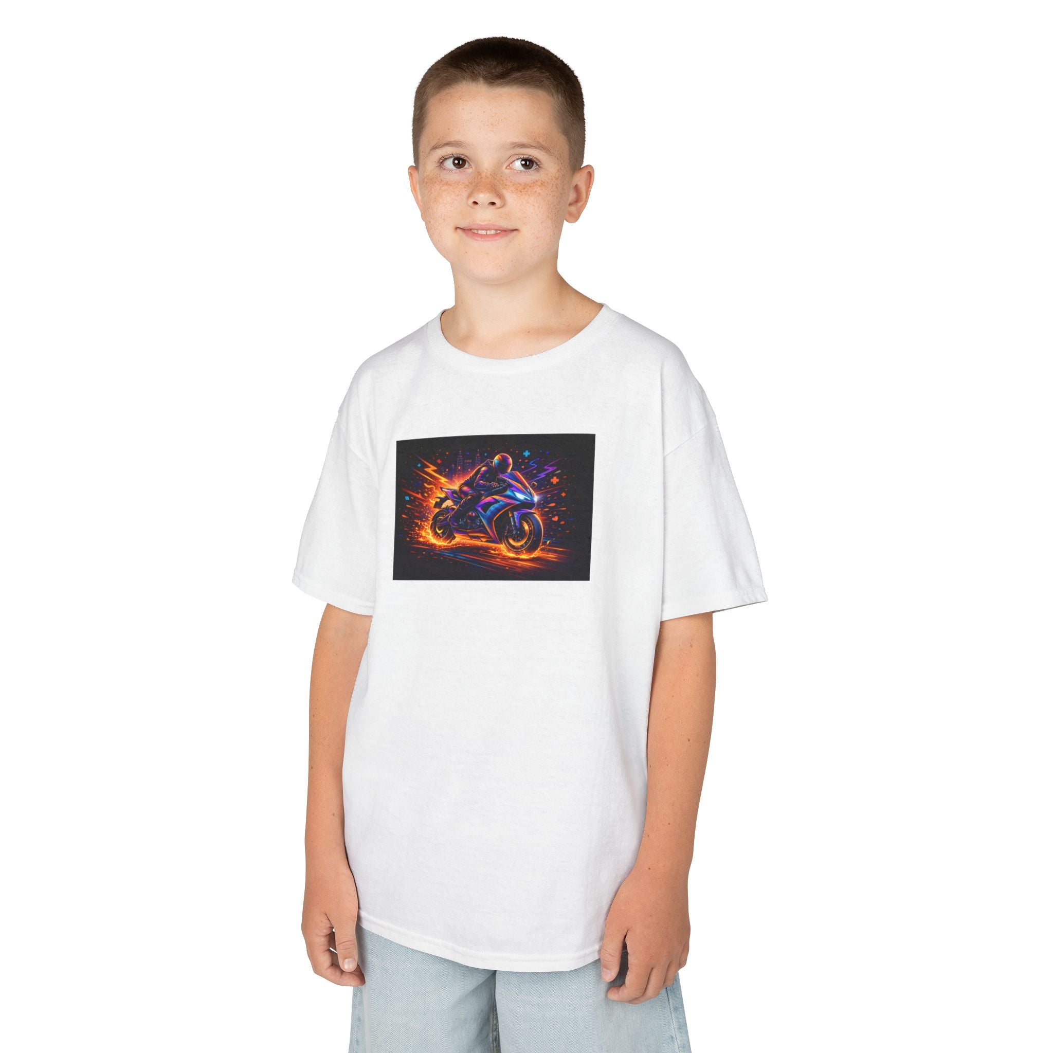 Kids Motorcycle Flame Tee — Neon Fire Racing Bike Graphic