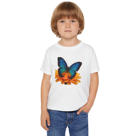 Toddler T-Shirt — Colorful Blue Butterfly on Orange Flower (Kids Spring/Summer Tee)
