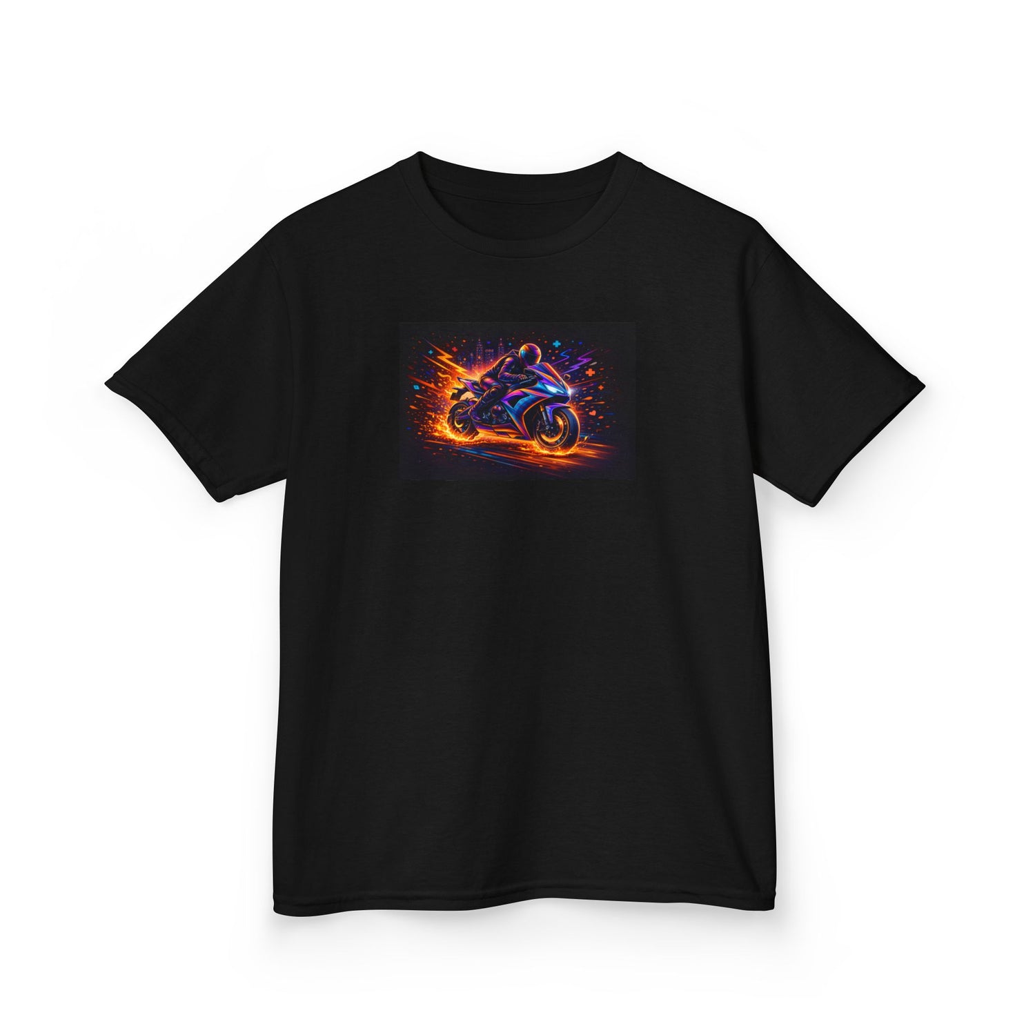 Kids Motorcycle Flame Tee — Neon Fire Racing Bike Graphic