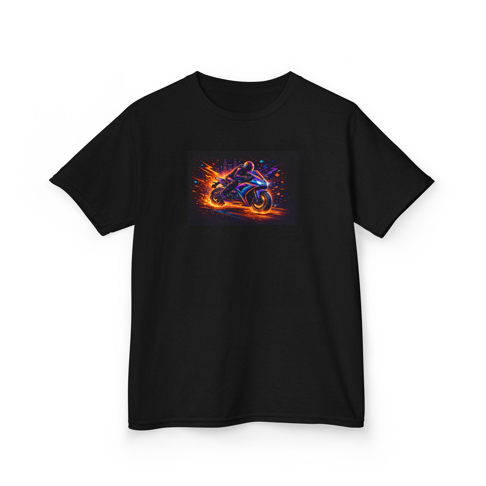 Kids Motorcycle Flame Tee — Neon Fire Racing Bike Graphic