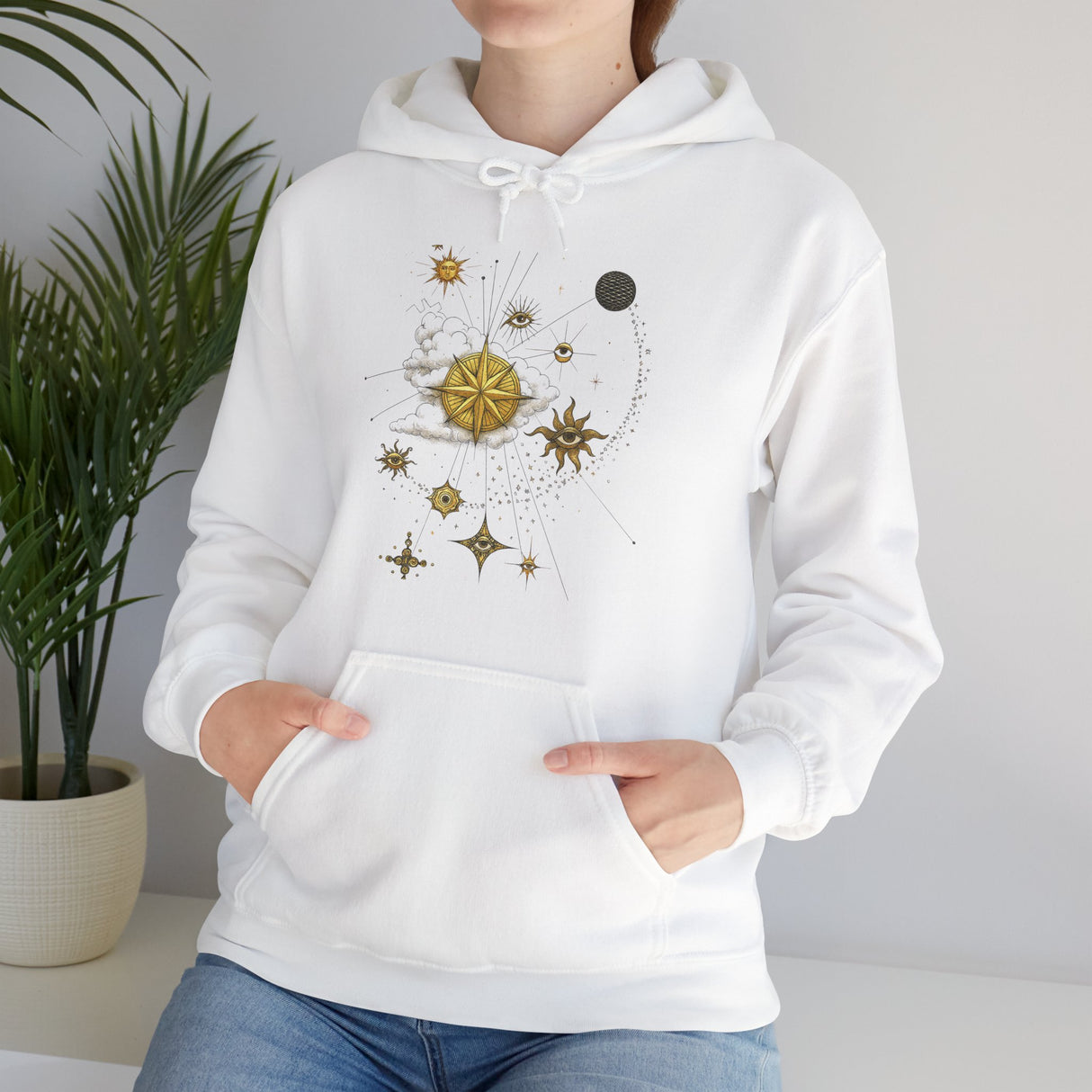 Fashionable layered look with the Celestial Compass Hoodie, perfect for chilly evenings under the stars.