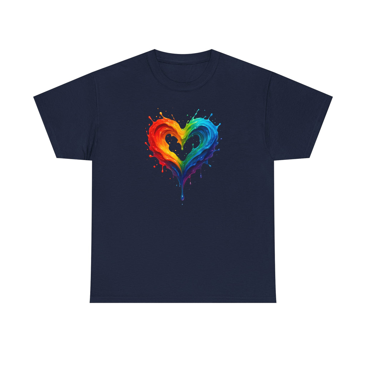 Model wearing the Rainbow Drip Heart T-Shirt while walking in a park, radiating a happy and colorful vibe.
